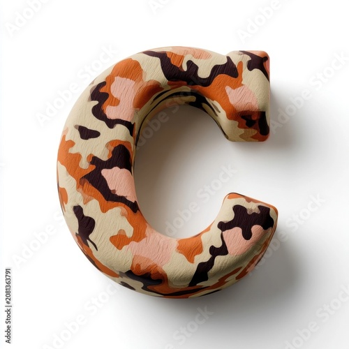 Camouflage patterned fabric letter c on white surface