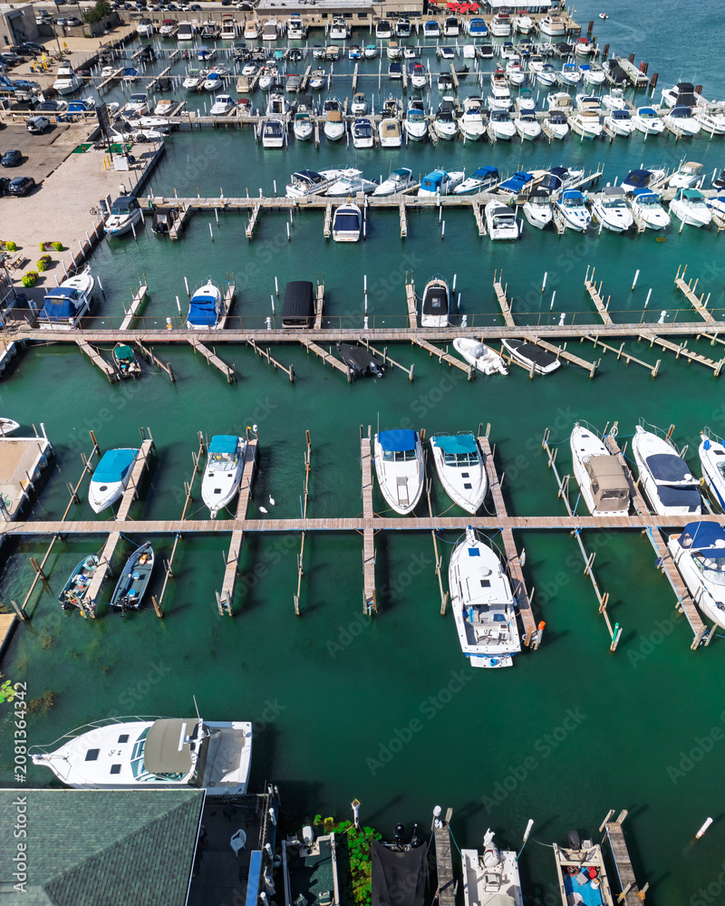 Fototapeta premium Marina aerial view with many boats docked at Detroit river