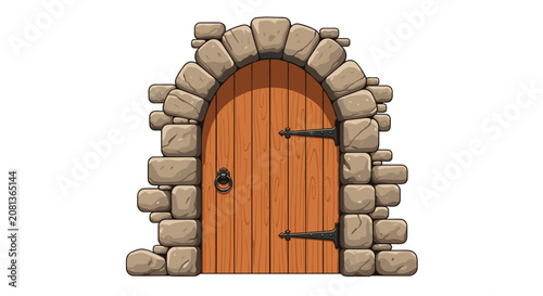 Rustic wooden door is set into a sturdy arched stone wall with realistic textures and iron hinges in a classic medieval or fantasy style.