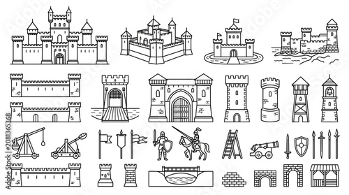 Tableau sur toile Medieval Castle Elements Collection: Fortresses, Towers, Siege Weapons, Knights