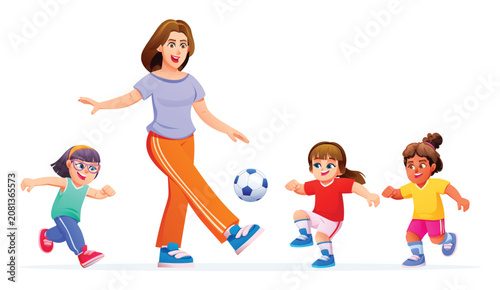 Cheerful woman playing soccer with three little girls on white background. Vector cartoon illustration