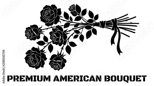 Foto Classic black and white premium American bouquet of long-stemmed roses tied with a ribbon, isolated white background