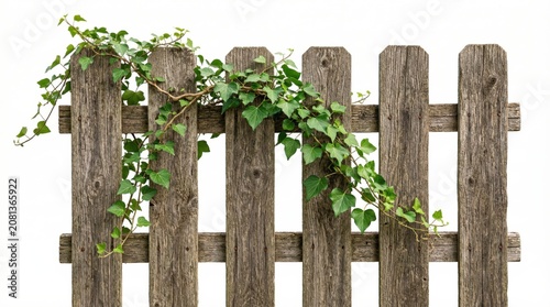  Wooden fence with creeping plant branch natural look on white