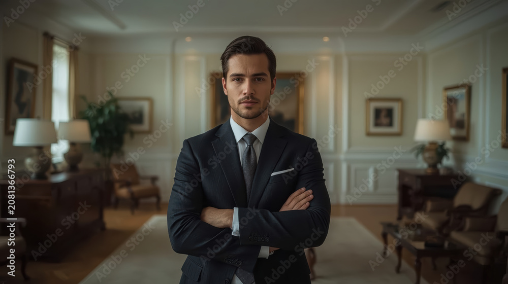 Fototapeta premium Young male lawyer standing confidently with crossed arms in elegant office interior