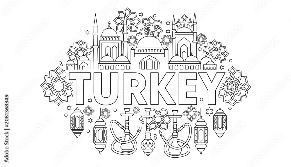 Naklejka premium Detailed coloring page featuring prominent landmarks of Turkey with traditional lanterns hookahs and geometric patterns.
