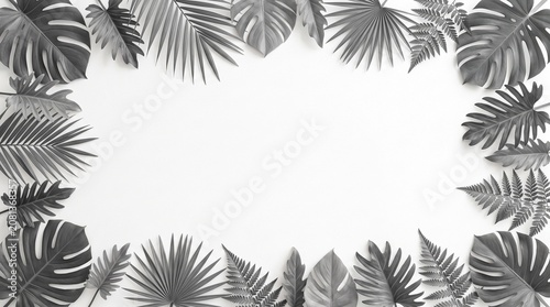 Minimal Gray Tropical Leaves Frame on White Background with Elegant Botanical Border and Copy Space