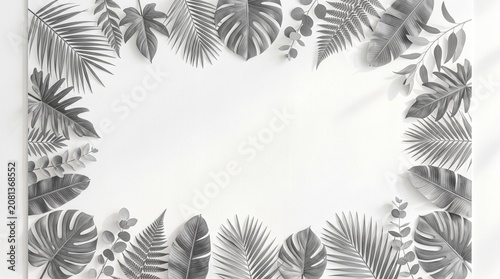 Minimal Gray Tropical Leaves Frame on White Background with Elegant Botanical Border and Copy Space