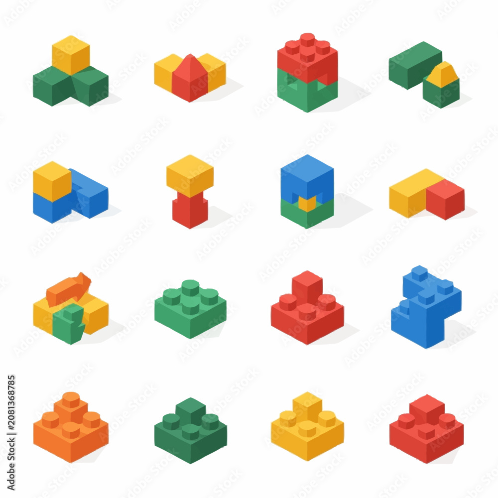 Obraz premium Colorful Isometric Lego Blocks in Various Configurations.