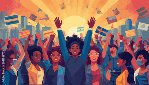 Foto Diverse crowd of people celebrating unity and global solidarity under a rising sun with international flags flying high in a city skyline