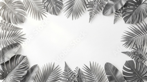 Minimal Gray Tropical Leaves Frame on White Background with Elegant Botanical Border and Copy Space