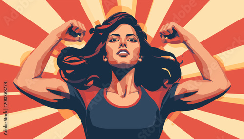 Tableau sur toile A powerful woman flexing her biceps with a determined expression against a stylized sunburst background