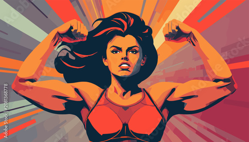Foto A powerful and determined woman flexing her biceps in a dynamic, comic book style illustration with a vibrant, energetic background