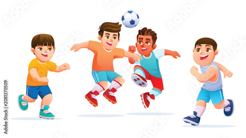 Happy boys jumping and competing to head a soccer ball in the air. Vector cartoon illustration