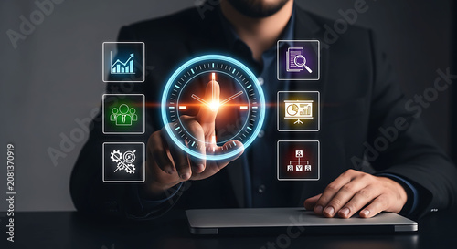 Business time management and corporate efficiency concept with digital clock interface