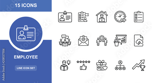 15 Employee linear icon set ID card, clipboard, home office, time, presentation, gift, career growth, UI and web interface design