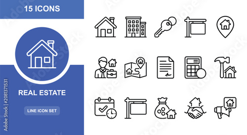 Fotografie 15 Real Estate linear icon set houses, buildings, keys, map pin, calculator, con