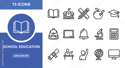 15 School Education linear icon set books building pencil apple graduation cap, UI and web interface design