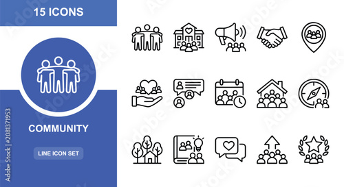 15 Community linear icon set people, handshake, house, map pin, book, calendar, compass, UI and web interface design