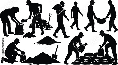 Fotografie Workers engaged in manual labor and construction tasks