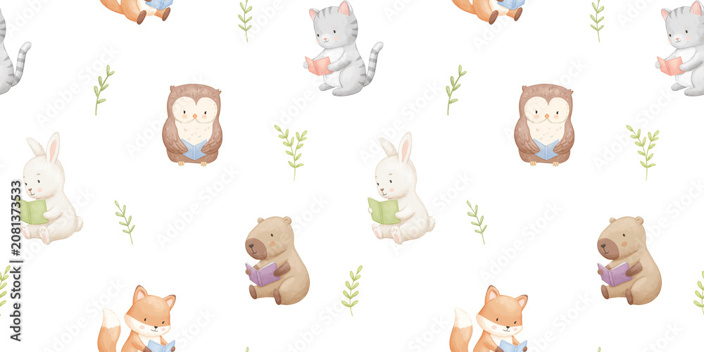 Fototapeta premium Seamless pattern with cute animals with books. Childish cartoon reading characters, set for kids. Watercolour isolated illustrations on white background