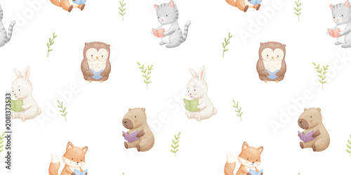Seamless pattern with cute animals with books. Childish cartoon reading characters, set for kids. Watercolour isolated illustrations on white background