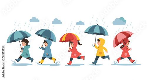 Joyful group of children wearing colorful raincoats and boots running with umbrellas through a rainy day to have fun.