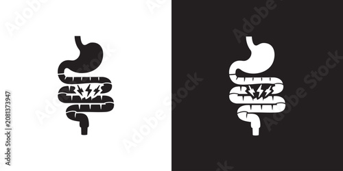 Minimalist Digestive System Icon with Pain Lightning Symbol - Modern Gastrointestinal Cramp Ache Graphic, Simple Stomach Intestine Spasm Infection Emblem, and Acute Gut Pain Medical Vector