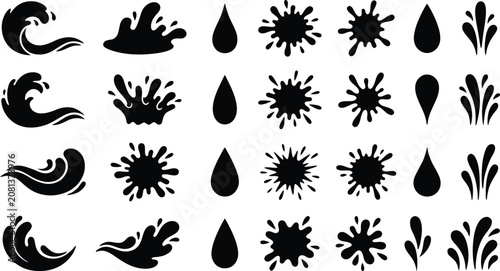 Cuadro en lienzo Black water splash silhouettes, including crashing ocean waves, pure liquid drops, fluid droplets, and abstract ink splatters in a set