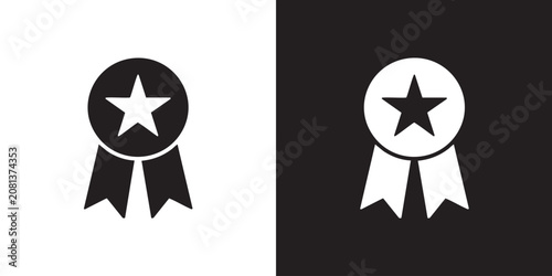 Black and white Ribbon Icon with Star in the Center - Modern Premium Quality Rosette Badge Graphic, Simple First Place Champion Success Achievement Emblem, and Best Choice Reward Vector