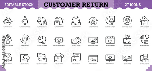 PrintCustomer Return Icon Set - 27 Editable Vector Icons for Reverse Logistics & Refund Management. Features product returns, refund processing, exchange requests, return policy management, and claims