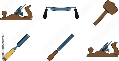 Quadro su tela Traditional Woodworking Hand Tool Vector Icon Set with Bench Plane Drawknife Woo