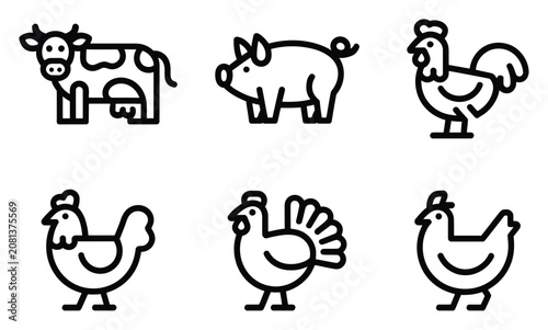 牛、豚、家禽などのさまざまな農場動物をシンプルな白黒ラインで描いたコレクション