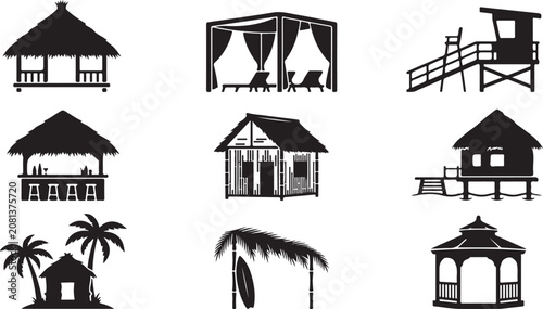 Black silhouette icons of tropical huts and beach structures
