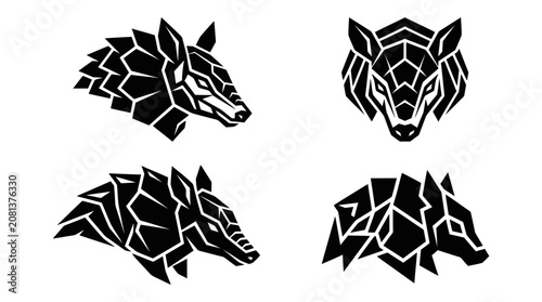 Photos Abstract geometric armadillo head and body icons.