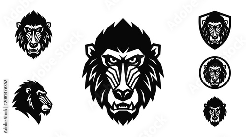 Sticker Aggressive baboon and mandrill mascot head logos.