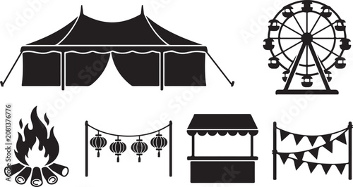 Black silhouette icons of carnival and fairground elements