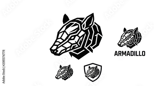 Geometric armadillo logo set with text and shield elements.