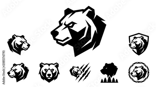 Geometric bear head logos and natural icons.