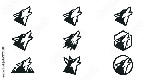 Howling wolf head silhouette set.