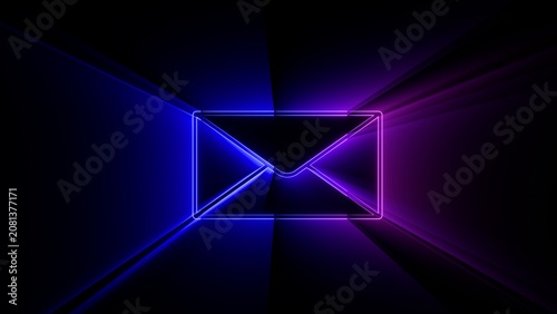 Neon blue and purple email envelope icon with volumetric light rays on black background