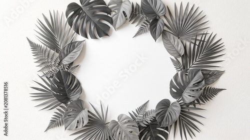 Minimal Gray Tropical Leaves Frame on White Background with Elegant Botanical Border and Copy Space