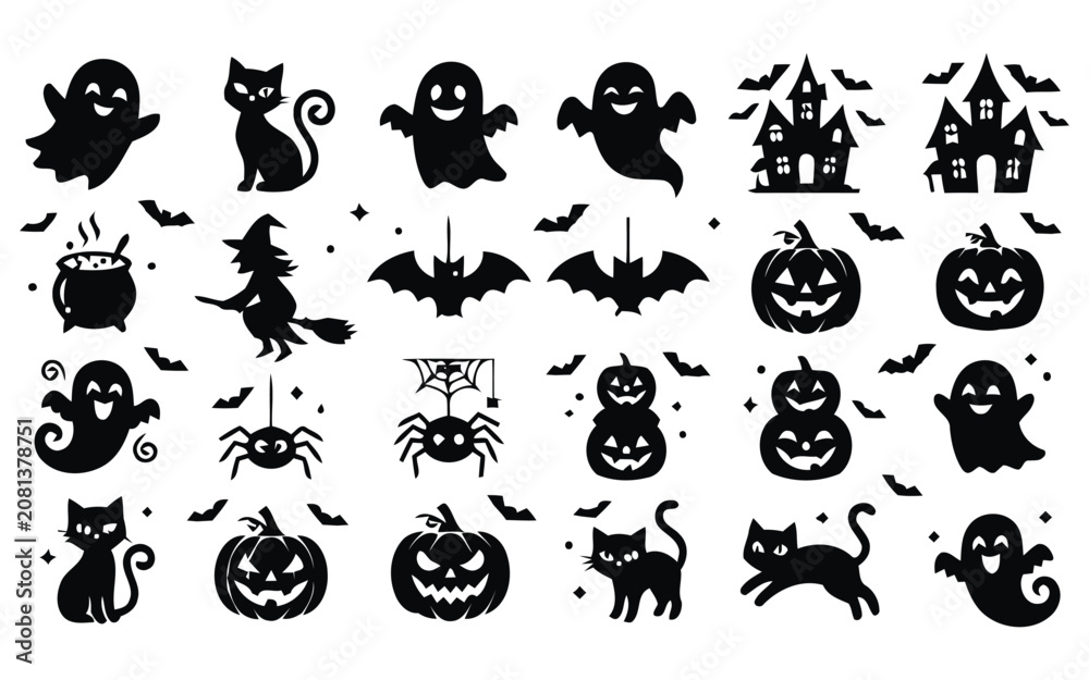 Obraz premium Halloween vector icons set ghosts cats bats spiders pumpkins and haunted houses