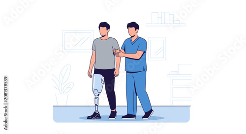 Physical Therapist Assists Man With Prosthetic Leg Rehabilitation
