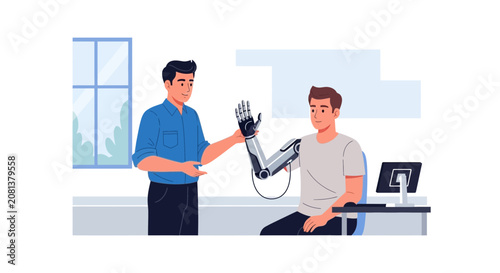 Prosthetic arm fitting, doctor showing modern limb to patient