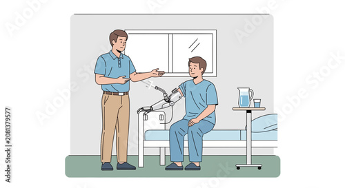 Robotic arm assisting patient in hospital bed, doctor nearby