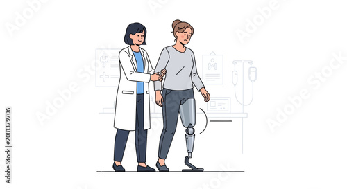 Amputee Rehabilitation: Patient Walks With Prosthetic Leg Guided by Doctor