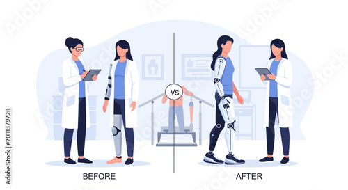 Doctor and patient with prosthetic legs: Before and after treatment