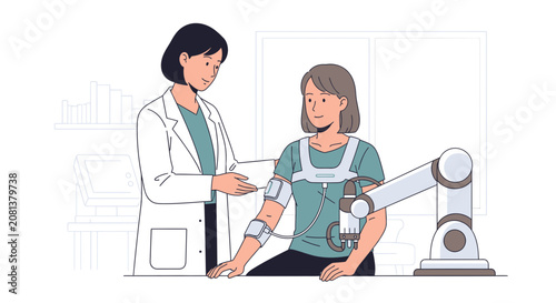 Doctor and patient use robotic arm for rehabilitation and therapy