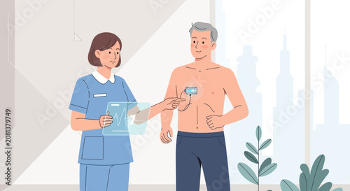 Doctor checking senior man's heartbeat with medical device on chest