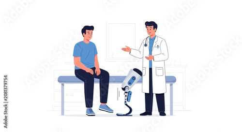 Doctor and patient with prosthetic leg in clinic, modern medicine, healthcare concept